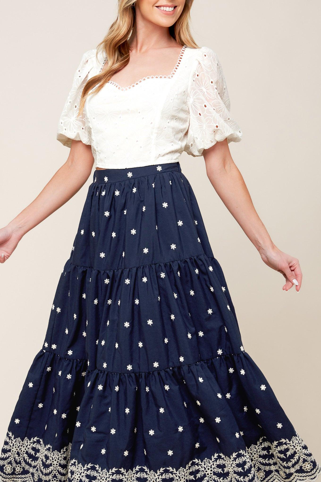 Bebe Alert Navy Woven Midi Skirt, view 6 — Soul Flow Apparel