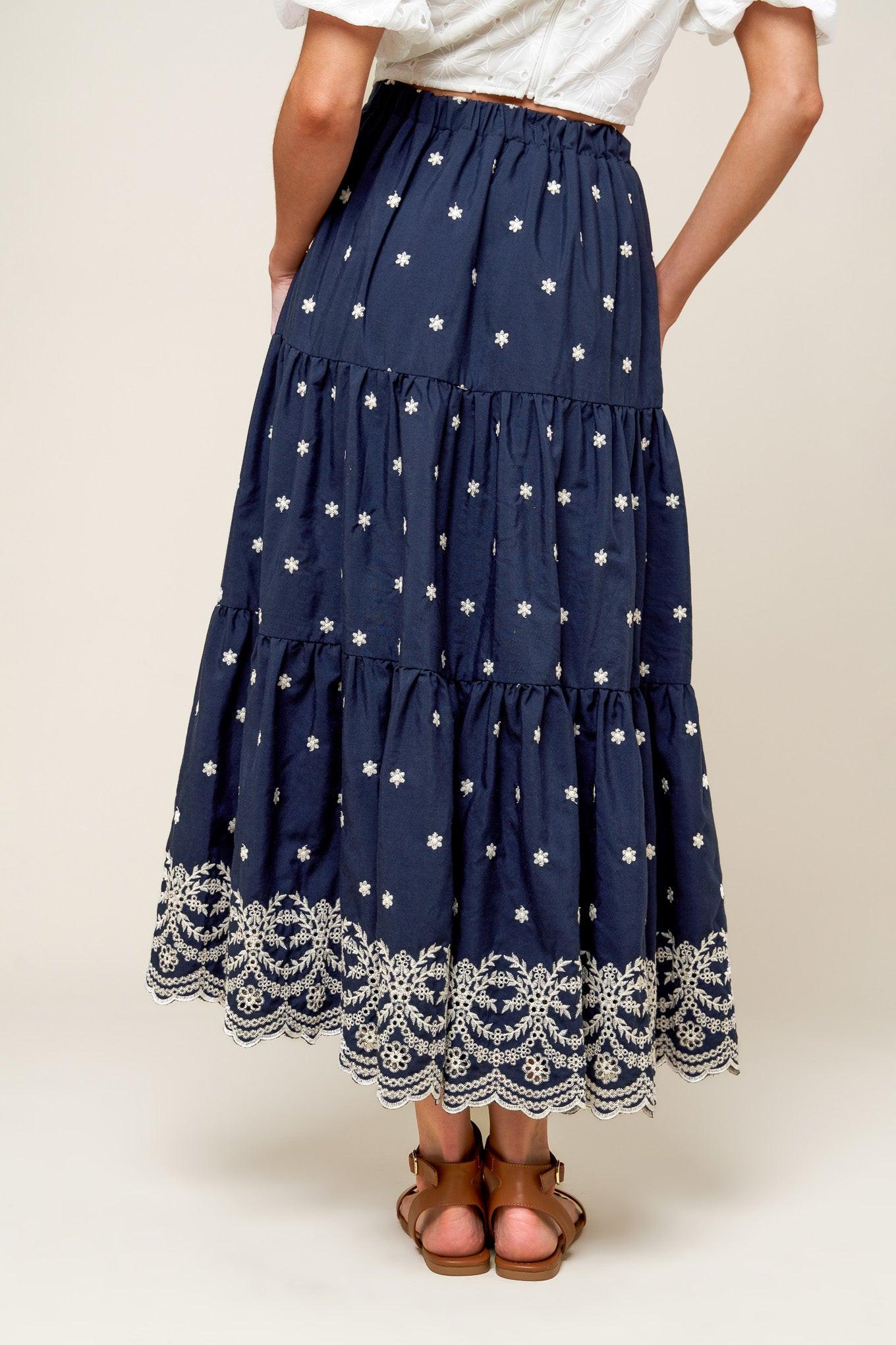 Bebe Alert Navy Woven Midi Skirt, view 7 — Soul Flow Apparel