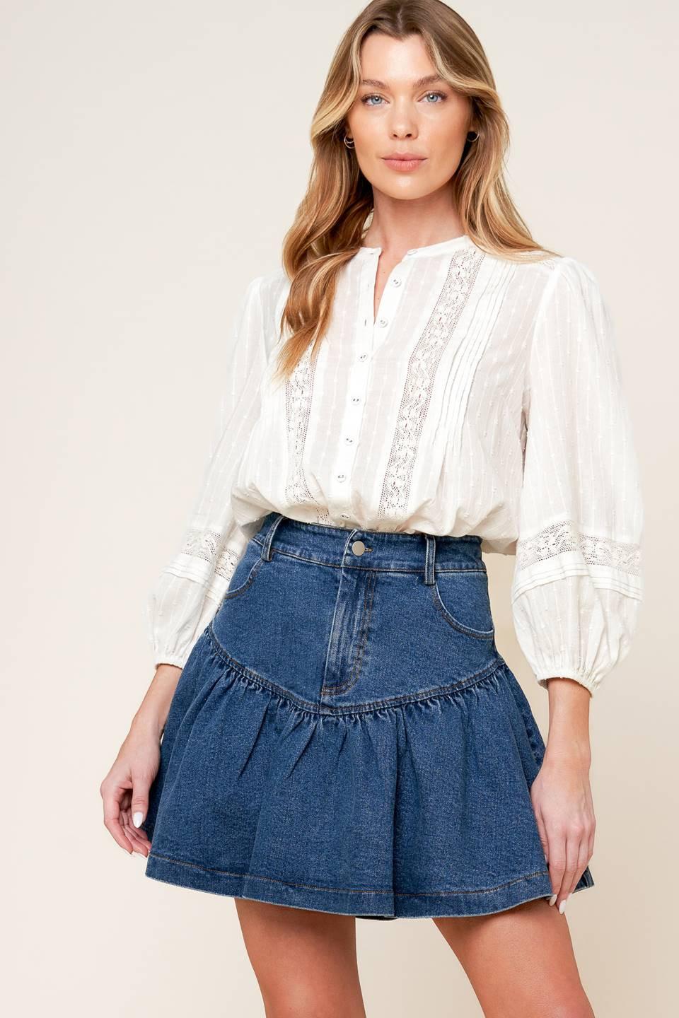 Fenicia Indigo Denim Mini Skirt in medium, view 1 — Soul Flow Apparel