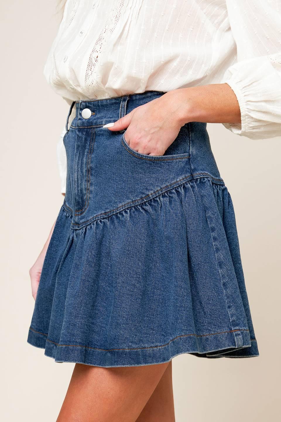 Fenicia Indigo Denim Mini Skirt in medium, view 7 — Soul Flow Apparel