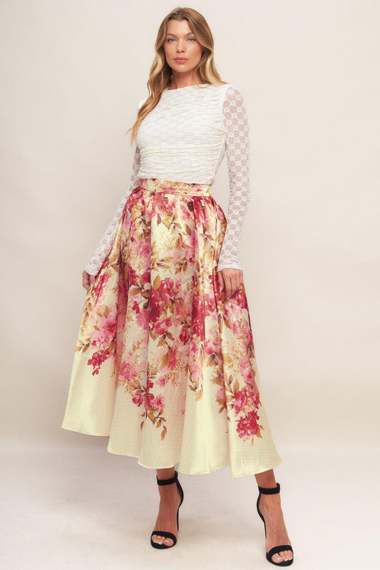 Blossom Dream Ballerina Woven Full Midi Skirt in ivory, view 2 — Soul Flow Apparel