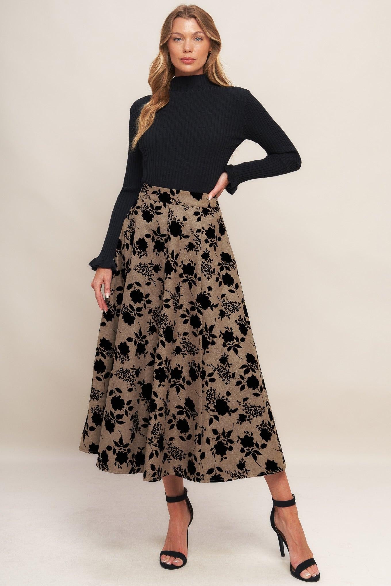 Classic Bloom Look Woven Flocking Circle Skirt in sand, view 1 — Soul Flow Apparel