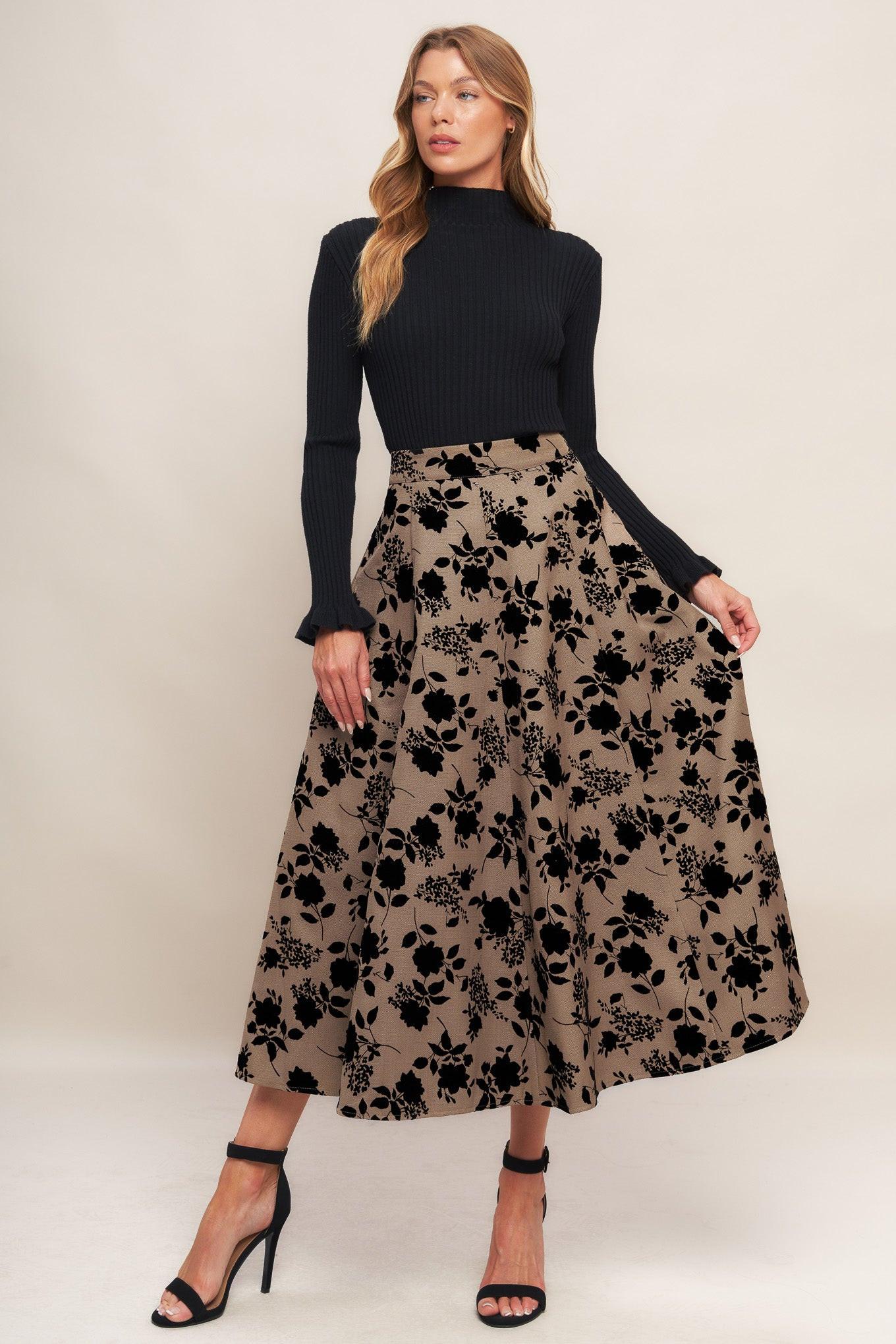 Classic Bloom Look Woven Flocking Circle Skirt in sand, view 2 — Soul Flow Apparel
