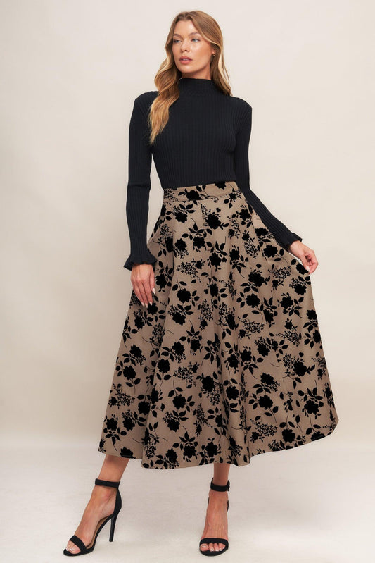 Classic Bloom Look Woven Flocking Circle Skirt in sand, view 2 — Soul Flow Apparel