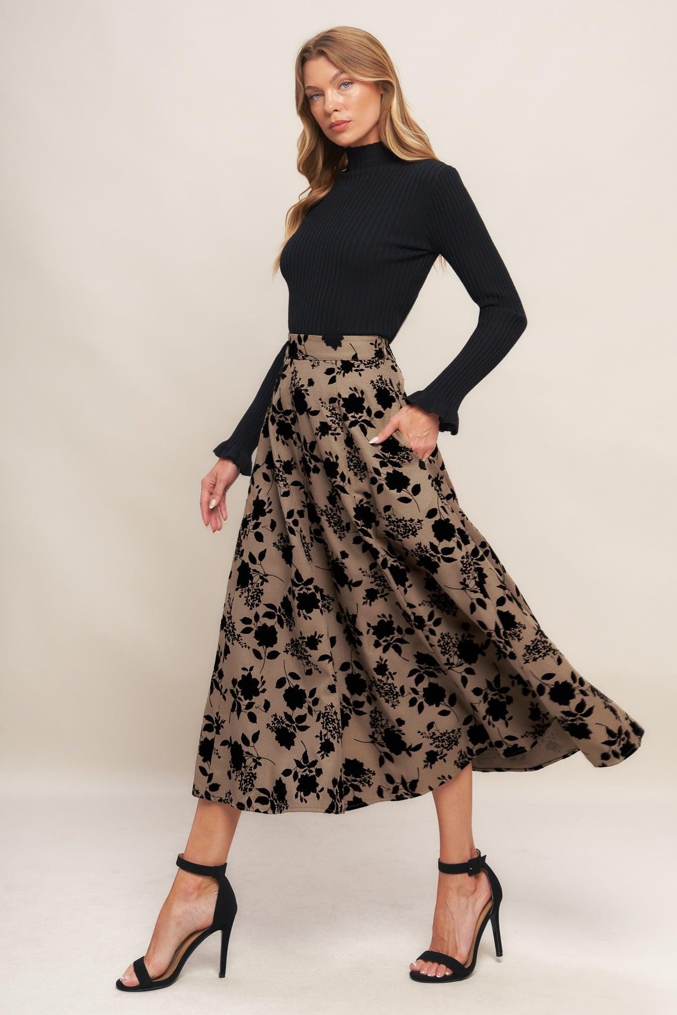 Classic Bloom Look Woven Flocking Circle Skirt in sand, view 3 — Soul Flow Apparel