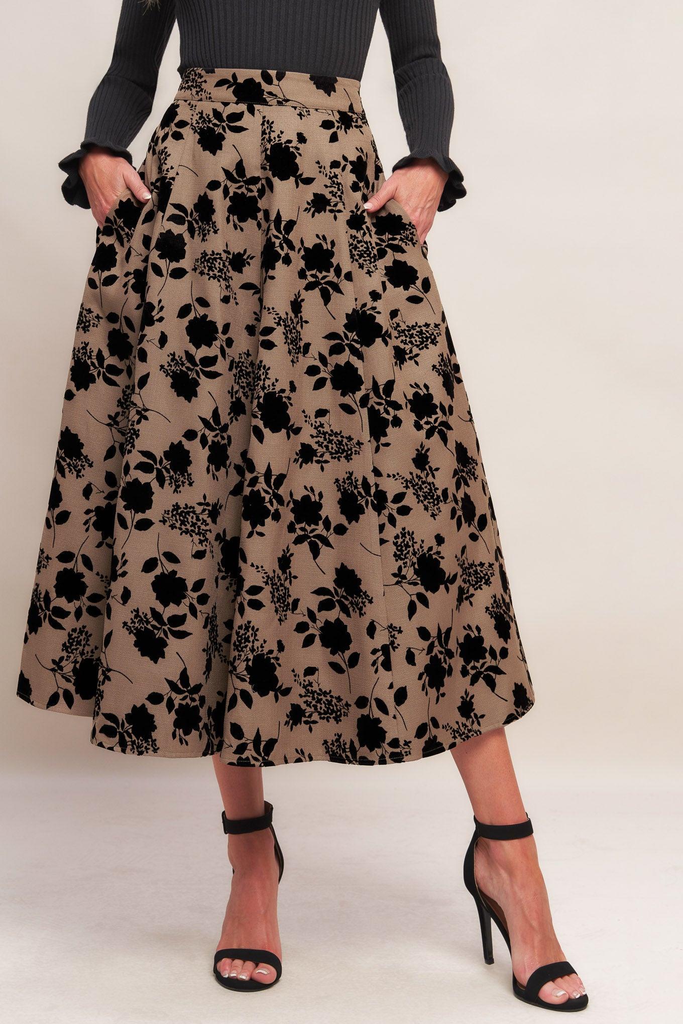 Classic Bloom Look Woven Flocking Circle Skirt in sand, view 4 — Soul Flow Apparel