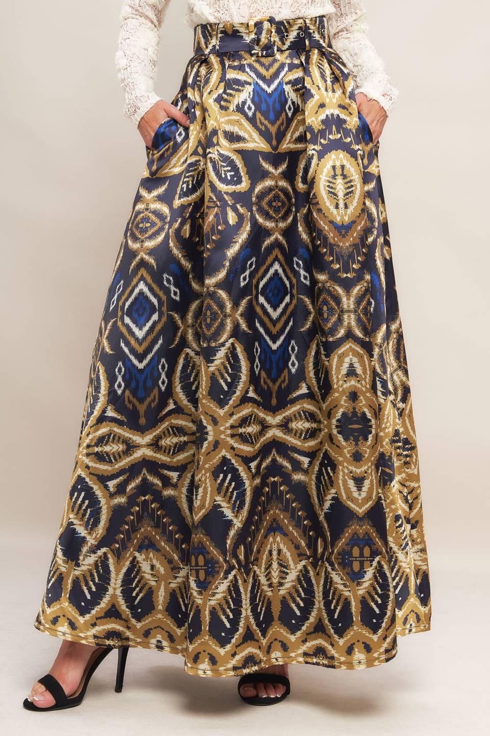 Nightfall Drape Woven Maxi Full Skirt in navy, view 1 — Soul Flow Apparel