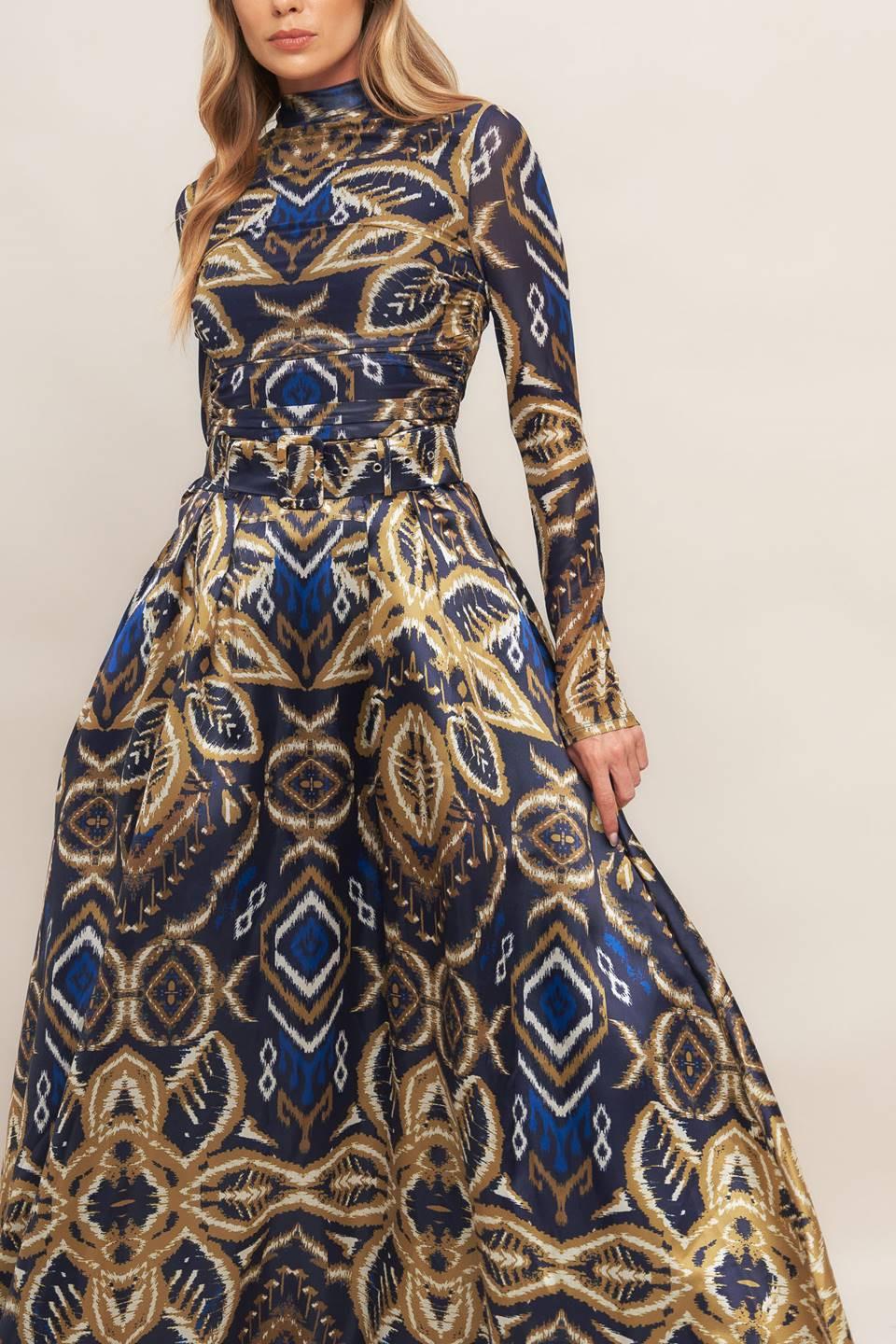 Nightfall Drape Woven Maxi Full Skirt in navy, view 7 — Soul Flow Apparel