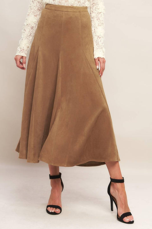 Urban Chic Faux Suede Midi Skirt in camel, view 1 — Soul Flow Apparel