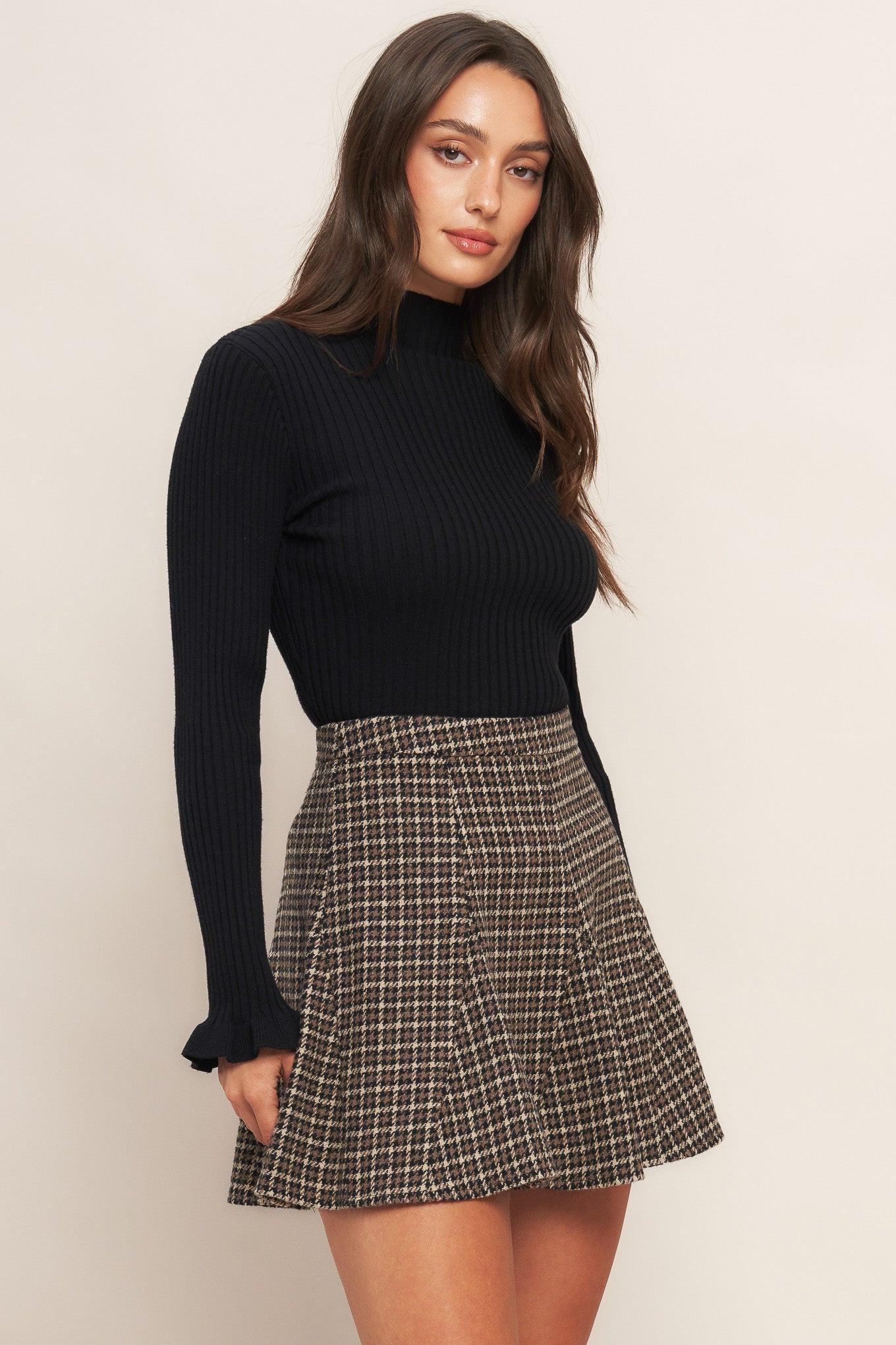 Hound Flare Tweed Woven Skirt in brown black, view 5 — Soul Flow Apparel