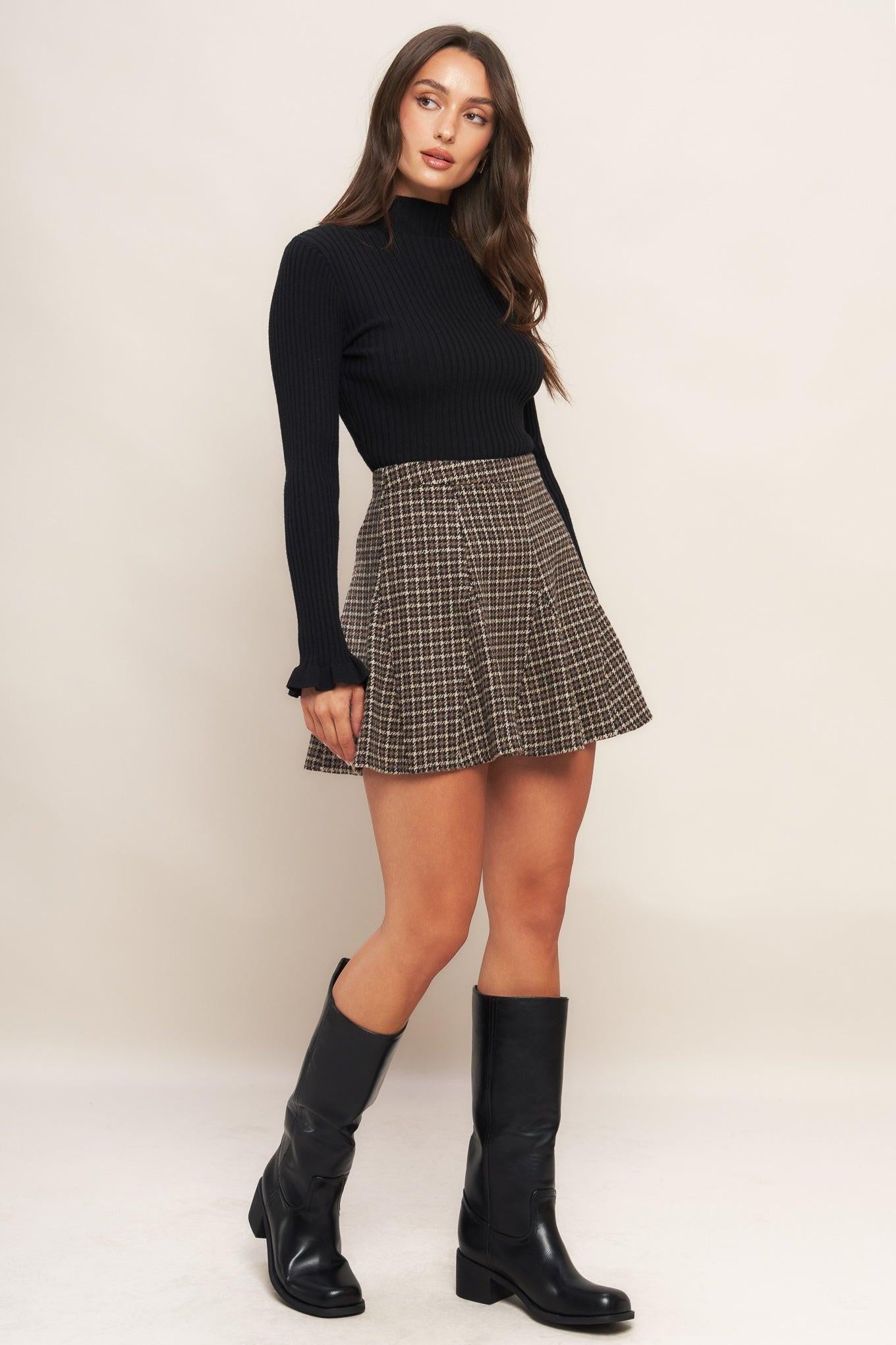 Hound Flare Tweed Woven Skirt in brown black, view 6 — Soul Flow Apparel