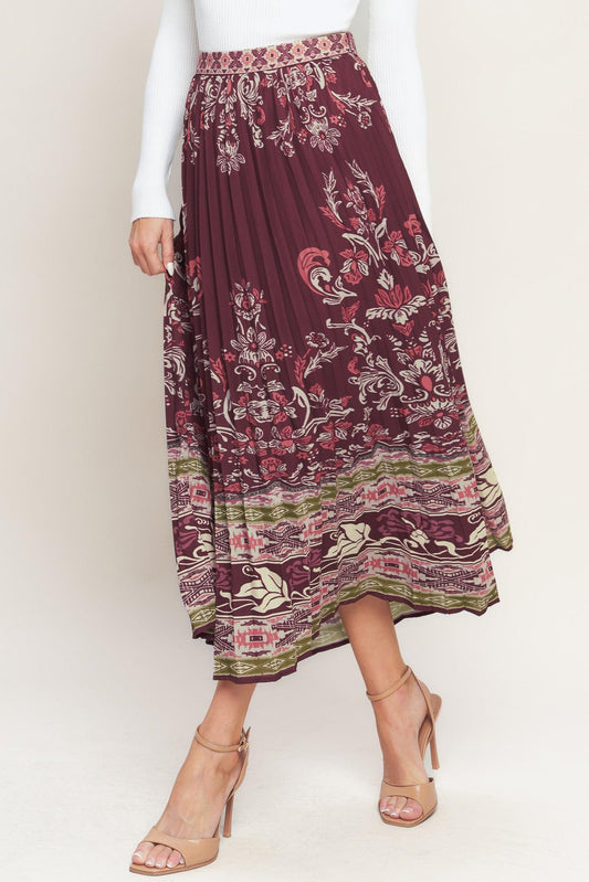 Aztec Cherry Woven Midi Skirt in burgundy, view 2 — Soul Flow Apparel