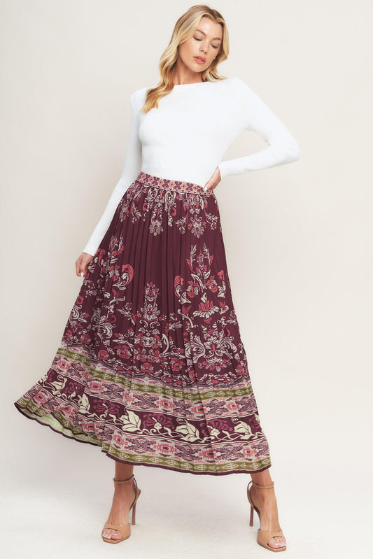 Aztec Cherry Woven Midi Skirt in burgundy, view 3 — Soul Flow Apparel