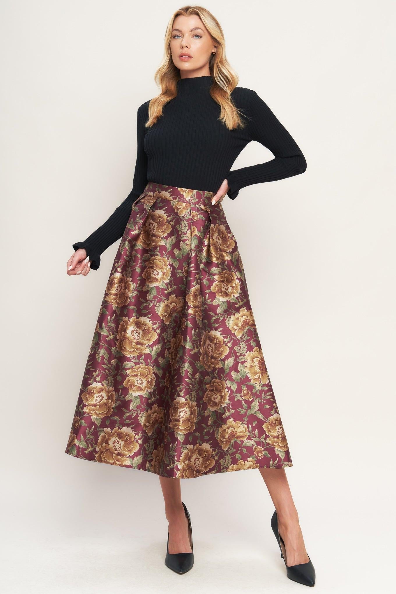 Evening Botanicals Woven Full Midi Skirt in burgundy, view 2 — Soul Flow Apparel