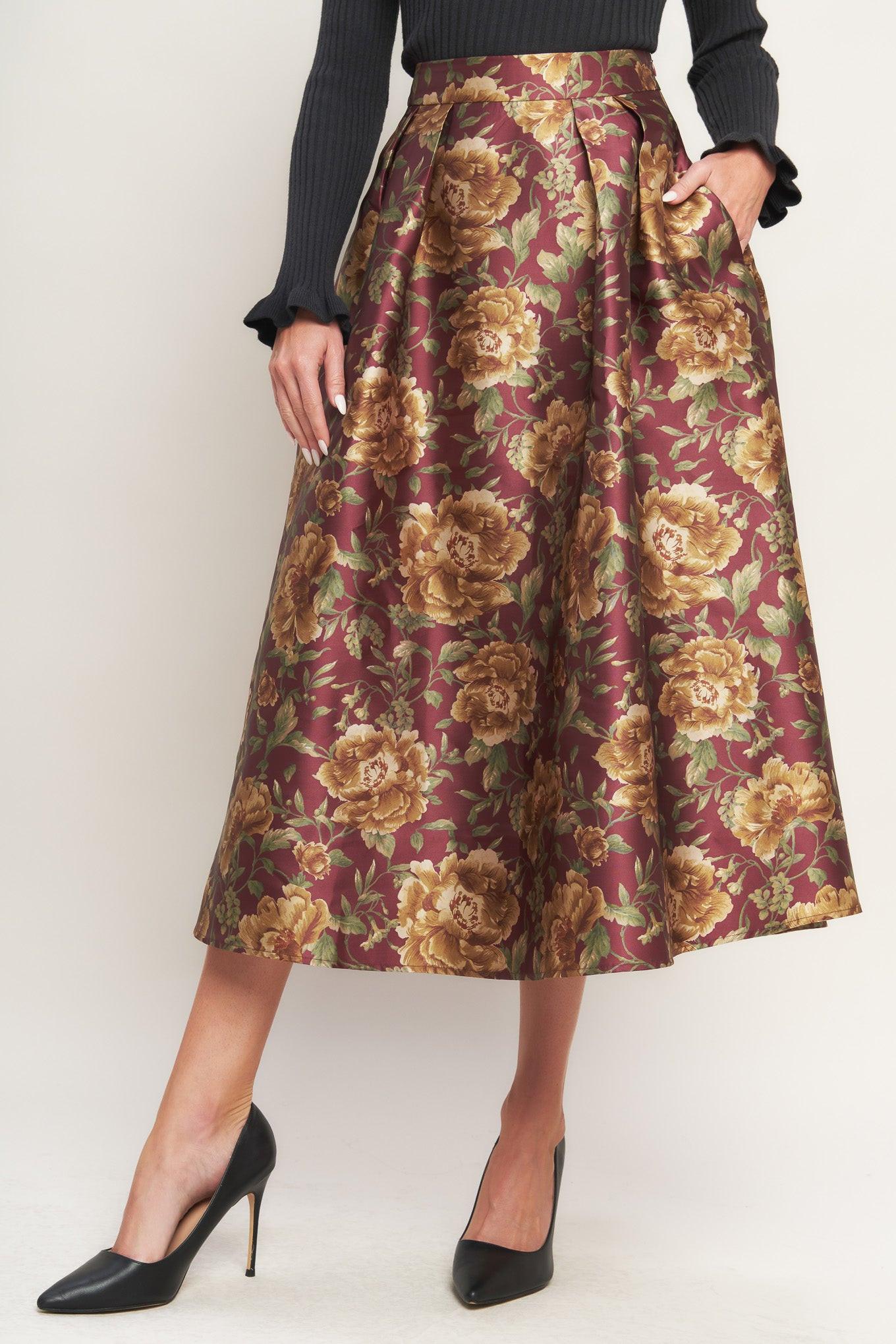 Evening Botanicals Woven Full Midi Skirt in burgundy, view 3 — Soul Flow Apparel