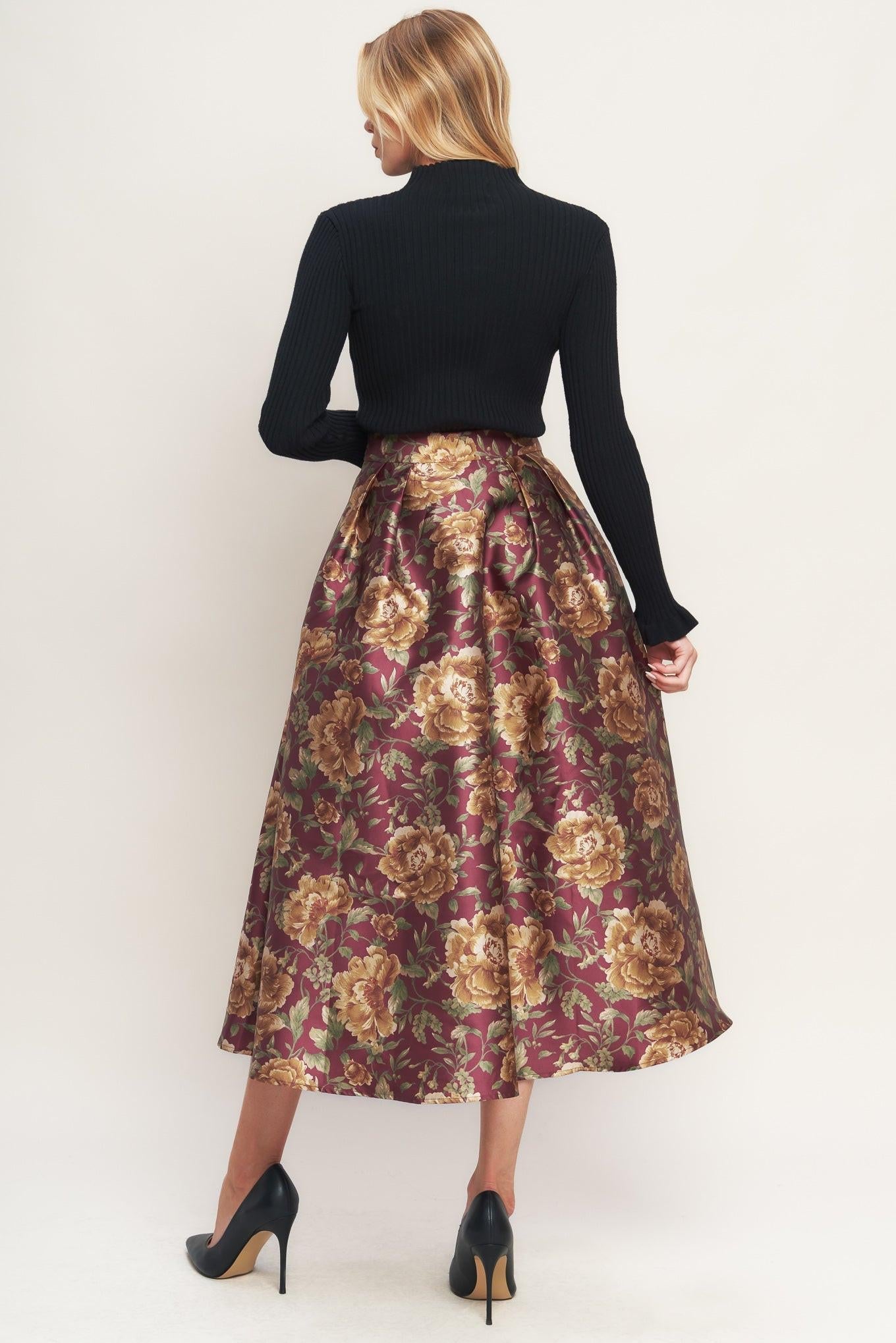 Evening Botanicals Woven Full Midi Skirt in burgundy, view 4 — Soul Flow Apparel