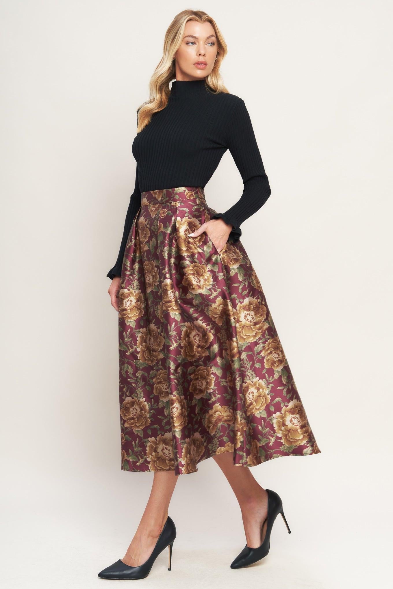 Evening Botanicals Woven Full Midi Skirt in burgundy, view 5 — Soul Flow Apparel