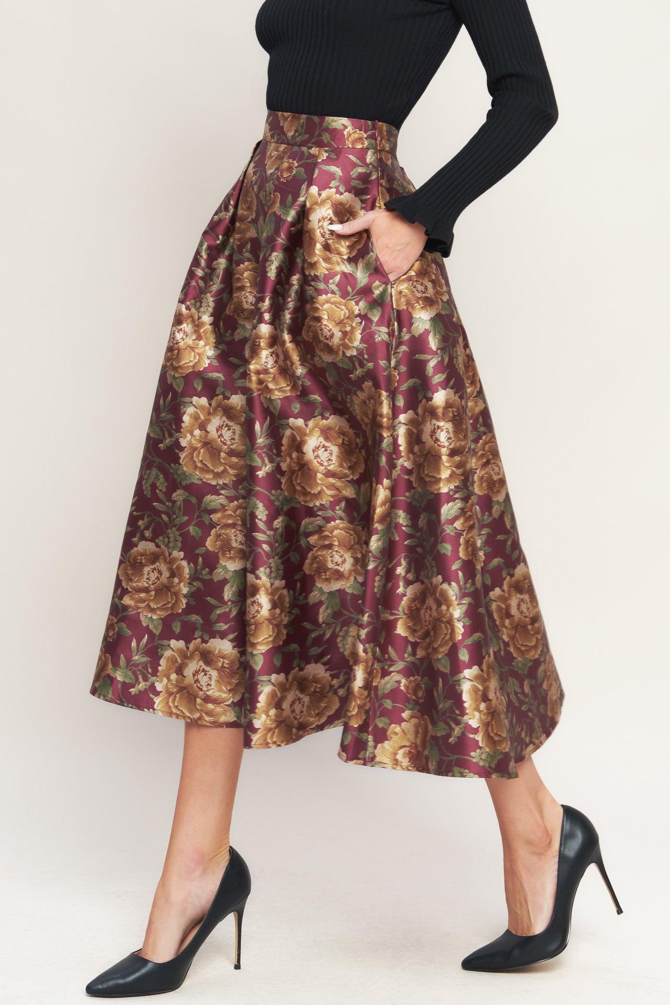 Evening Botanicals Woven Full Midi Skirt in burgundy, view 6 — Soul Flow Apparel