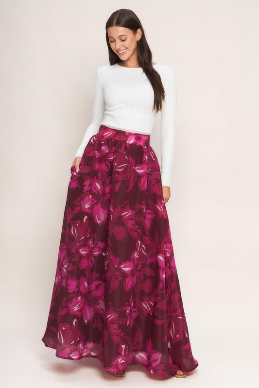 Bouquet No.9 Woven Maxi Full Skirt in burgundy, view 1 — Soul Flow Apparel