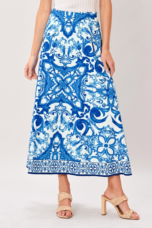 Coastal Mosaic Woven Midi Circle Skirt in blue white, view 6 — Soul Flow Apparel