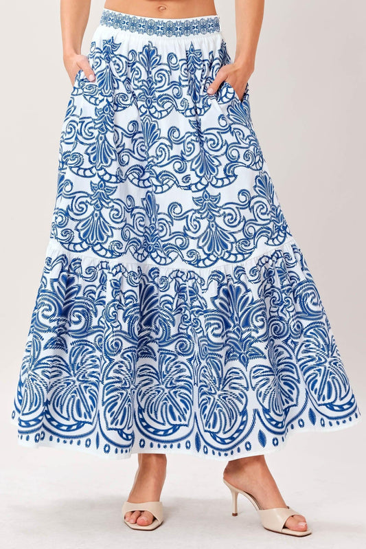 Azure Ornate Woven Full Midi Skirt in white blue, view 4 — Soul Flow Apparel
