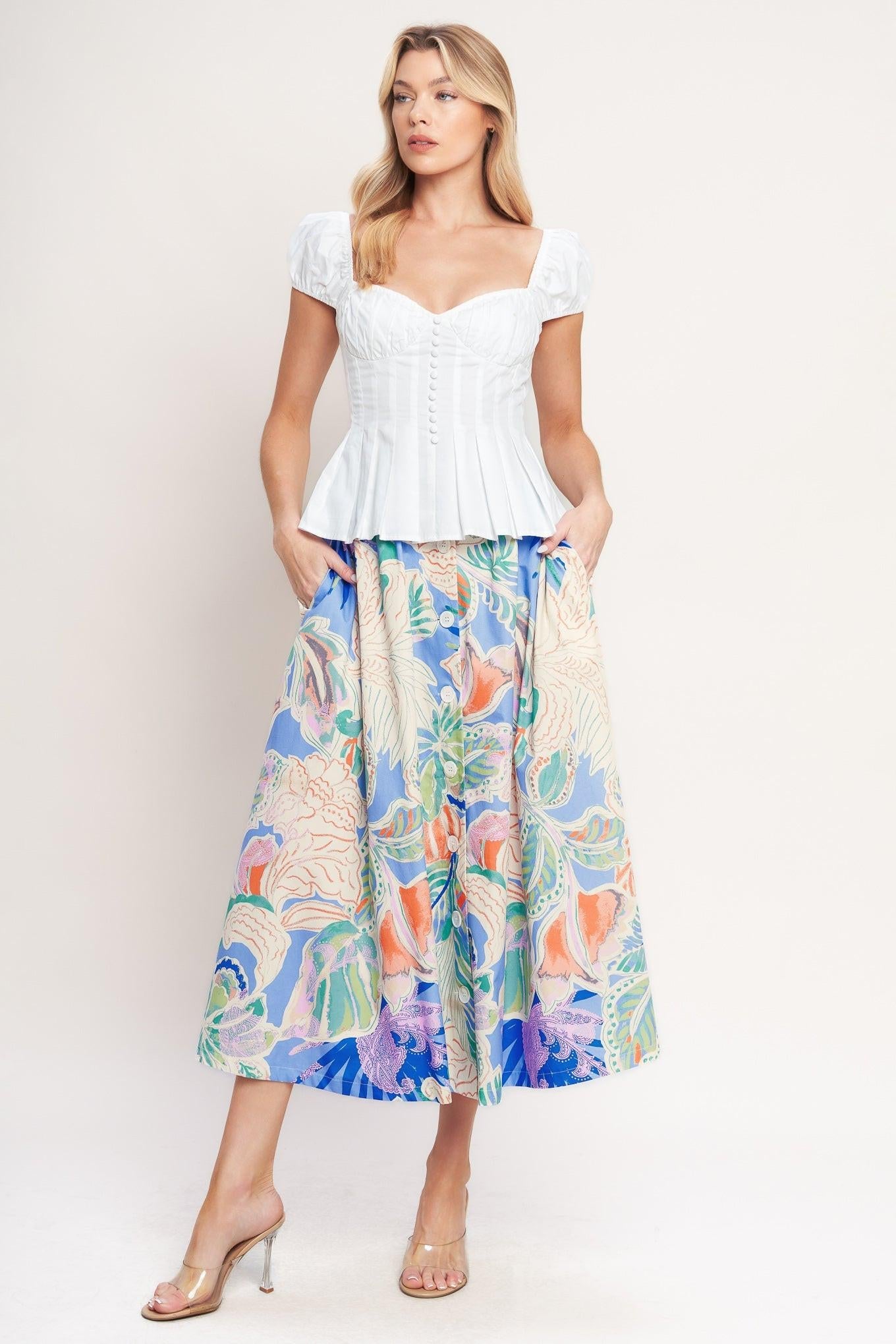 Made for Daydreams Woven Full Skirt in blue multi, view 1 — Soul Flow Apparel
