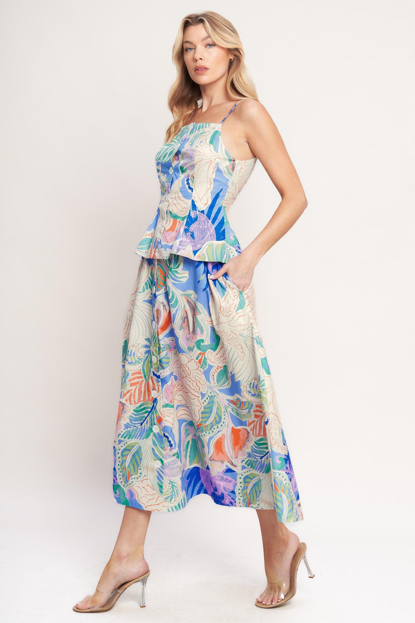 Made for Daydreams Woven Full Skirt in blue multi, view 2 — Soul Flow Apparel