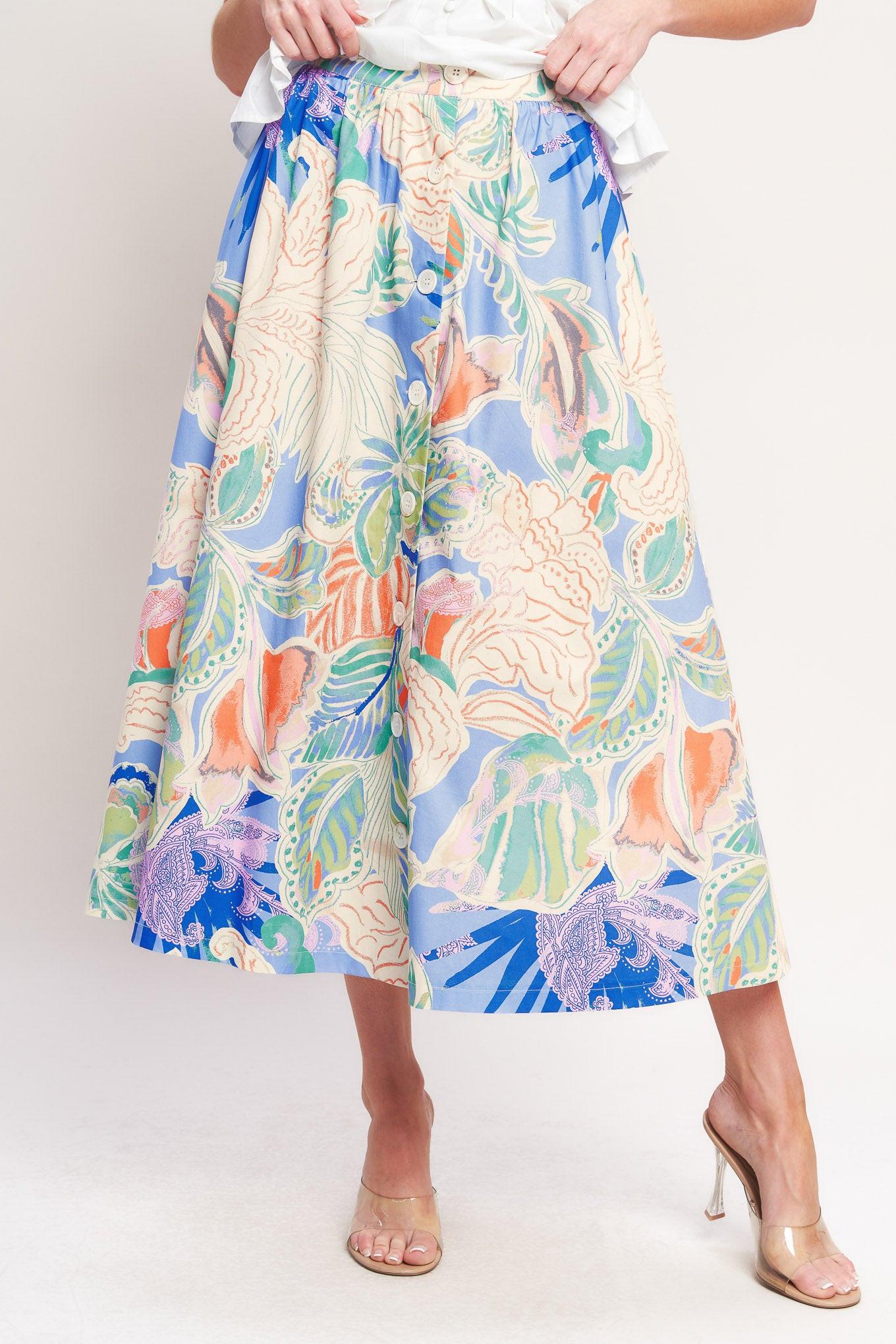 Made for Daydreams Woven Full Skirt in blue multi, view 3 — Soul Flow Apparel