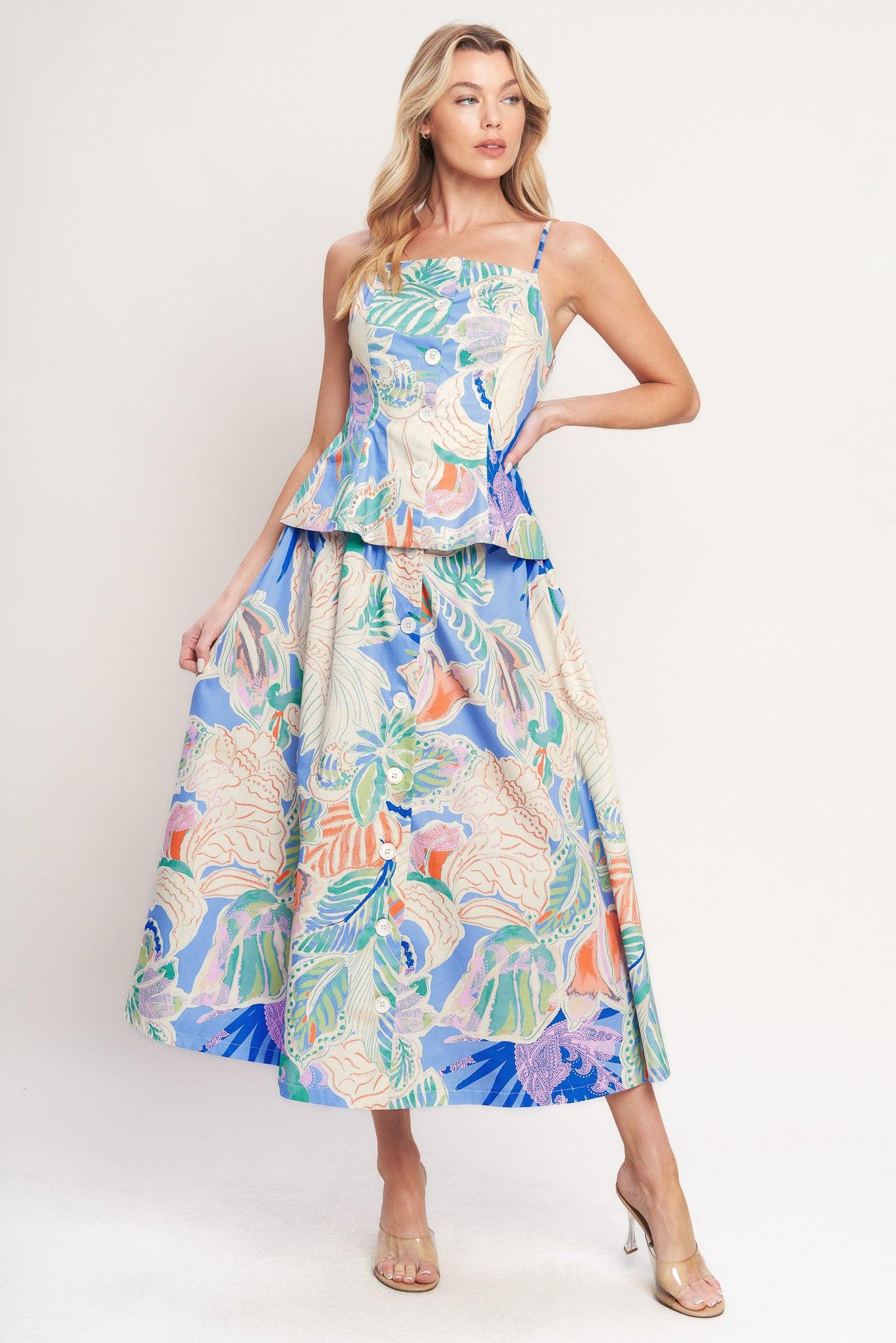 Made for Daydreams Woven Full Skirt in blue multi, view 4 — Soul Flow Apparel