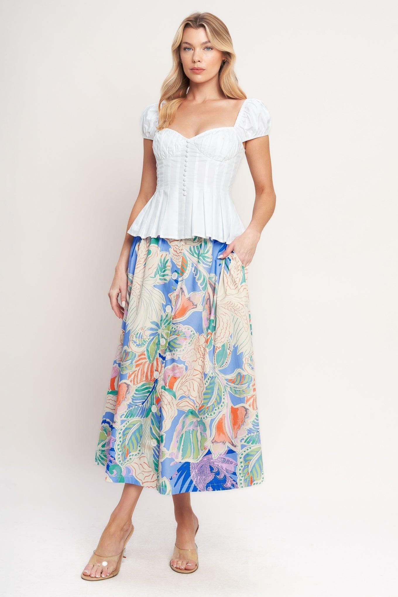 Made for Daydreams Woven Full Skirt in blue multi, view 5 — Soul Flow Apparel