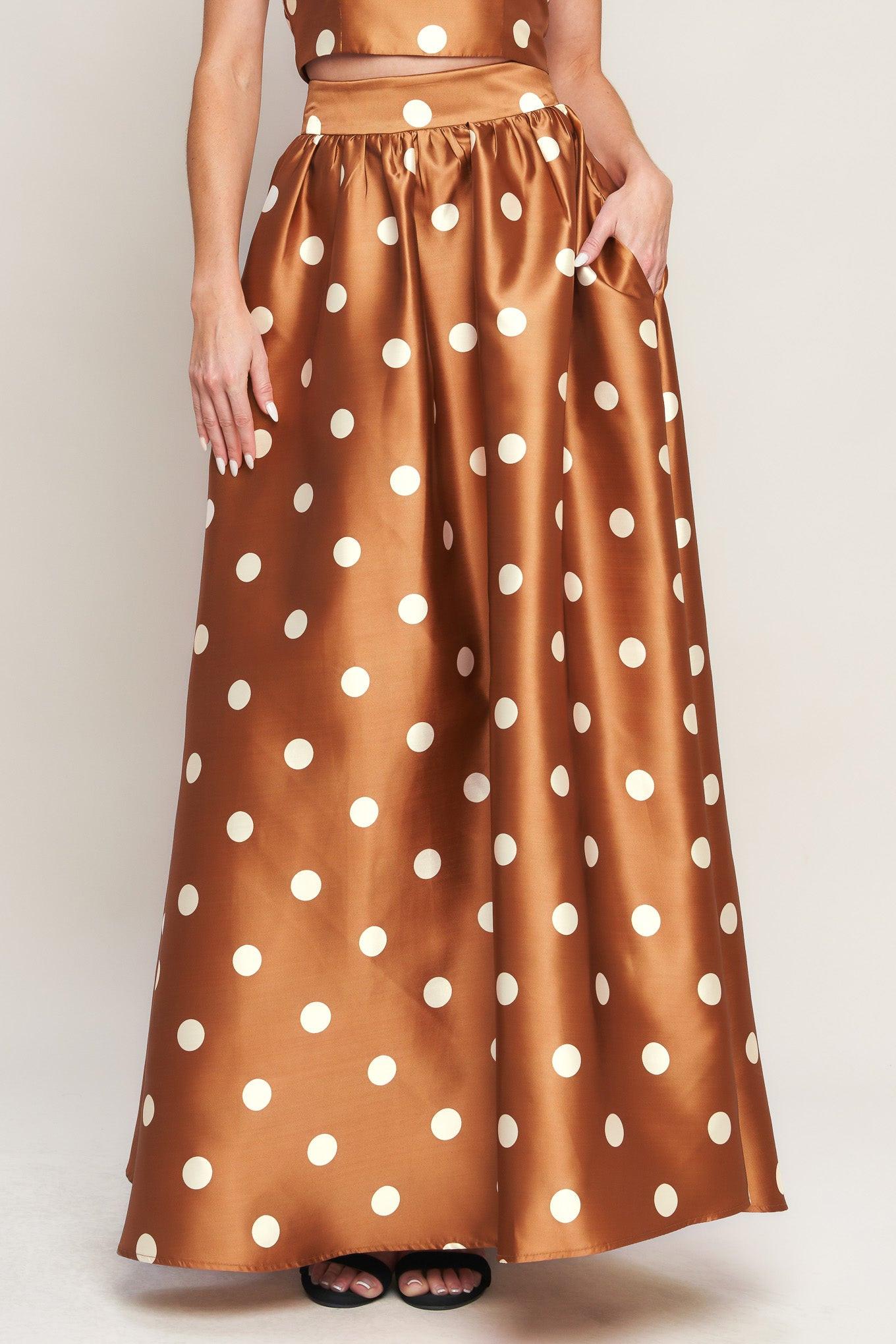 Chic Polka Flow Woven Full Maxi Skirt in caramel, view 1 — Soul Flow Apparel