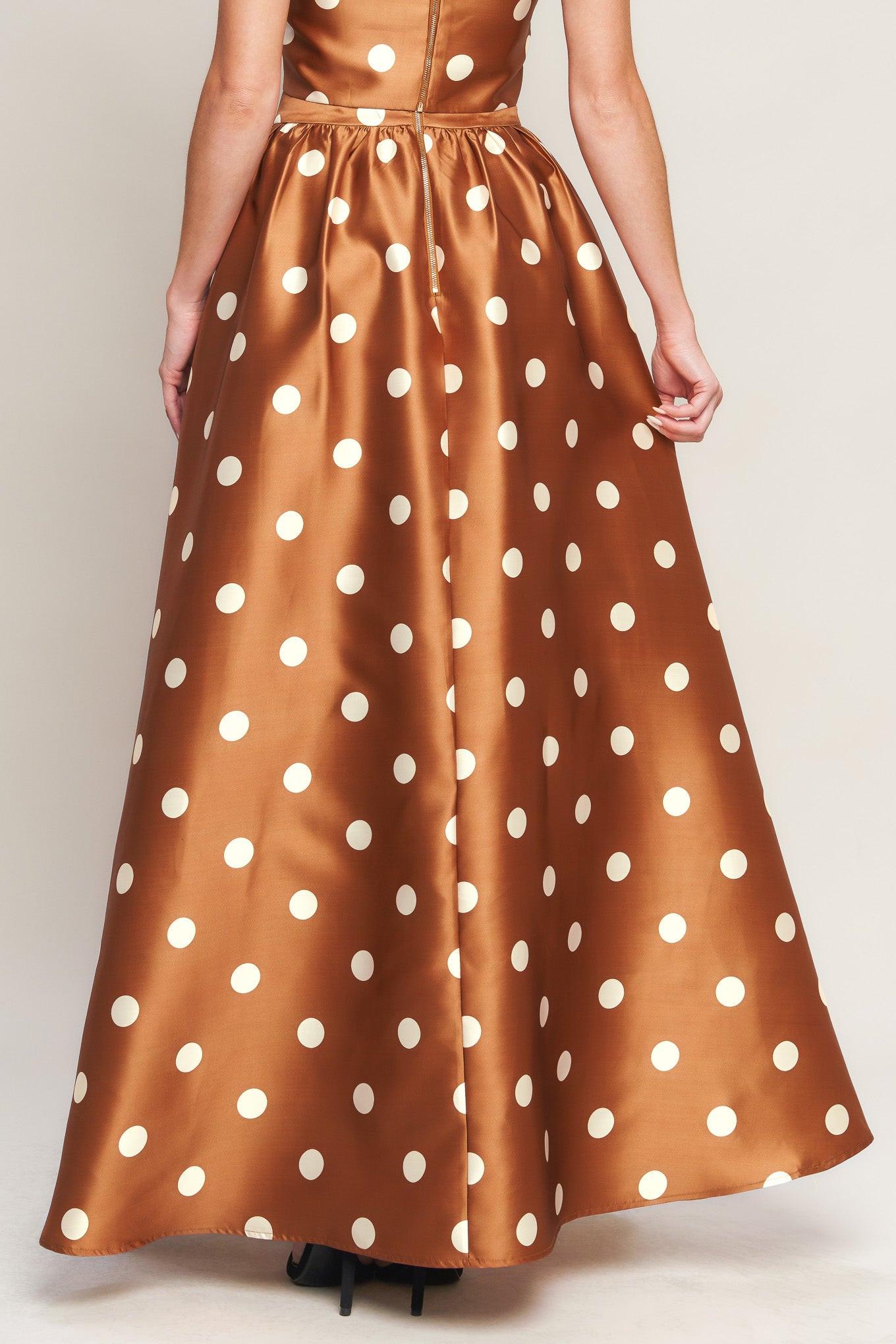 Chic Polka Flow Woven Full Maxi Skirt in caramel, view 2 — Soul Flow Apparel
