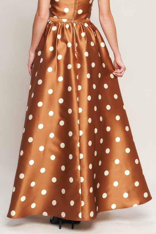 Chic Polka Flow Woven Full Maxi Skirt in caramel, view 2 — Soul Flow Apparel