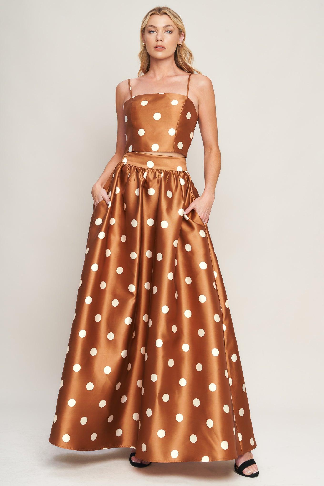 Chic Polka Flow Woven Full Maxi Skirt in caramel, view 3 — Soul Flow Apparel