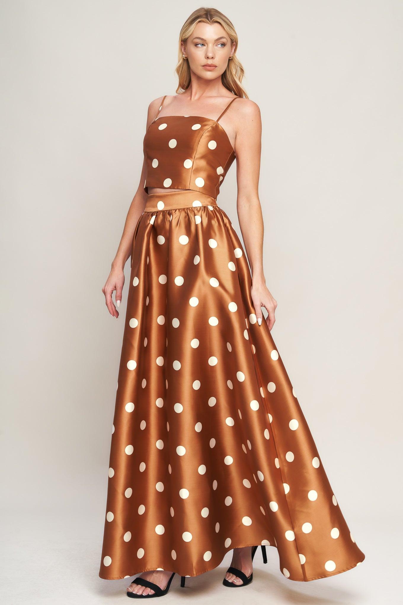 Chic Polka Flow Woven Full Maxi Skirt in caramel, view 4 — Soul Flow Apparel