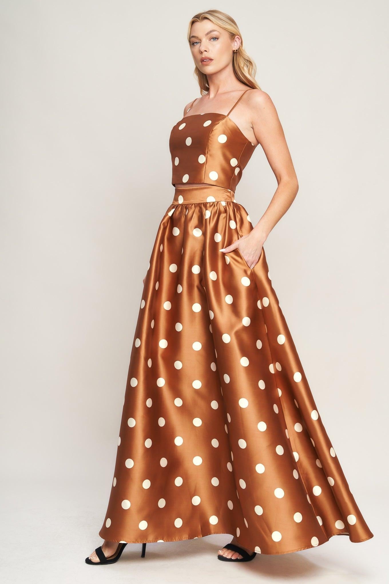 Chic Polka Flow Woven Full Maxi Skirt in caramel, view 5 — Soul Flow Apparel
