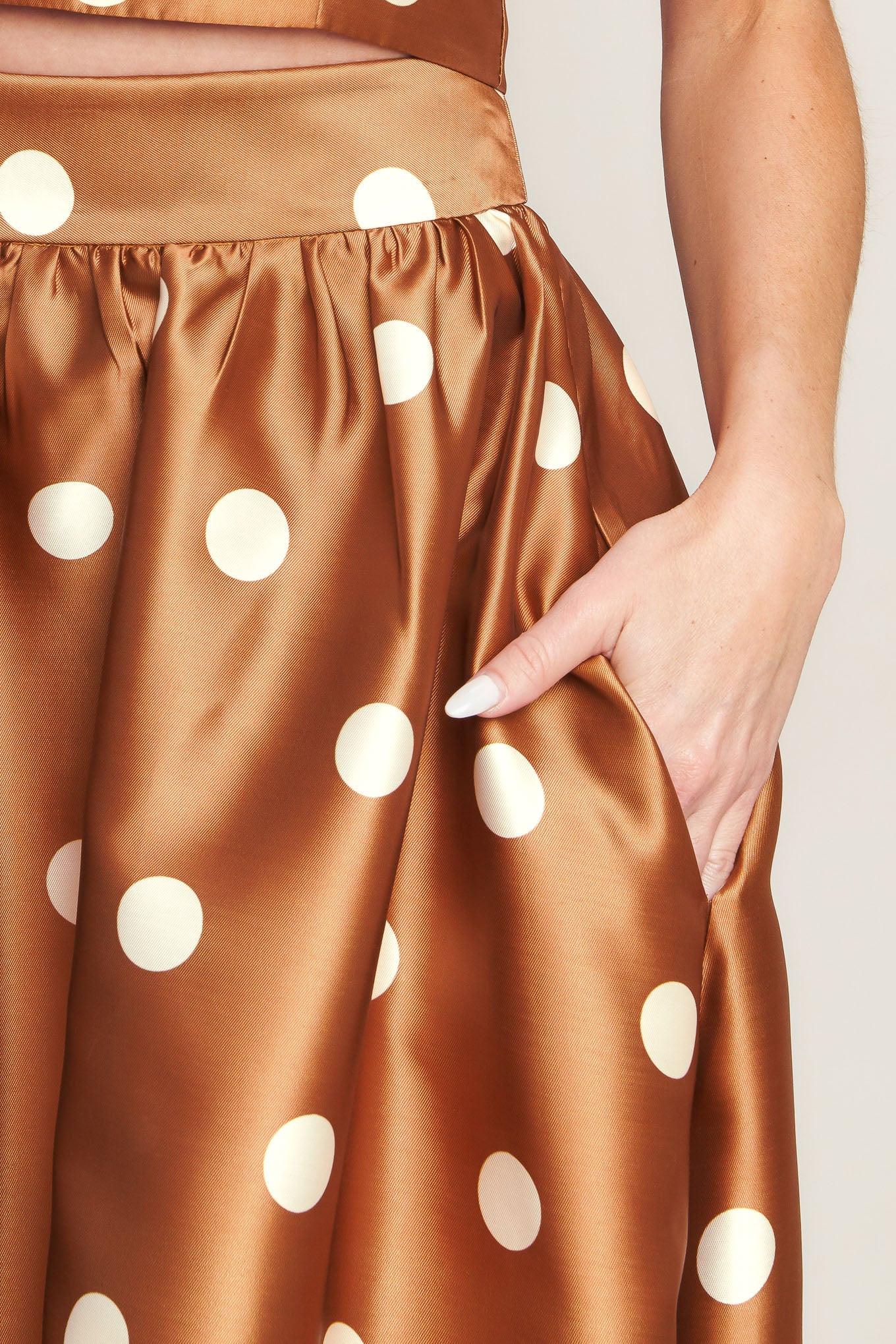 Chic Polka Flow Woven Full Maxi Skirt in caramel, view 7 — Soul Flow Apparel