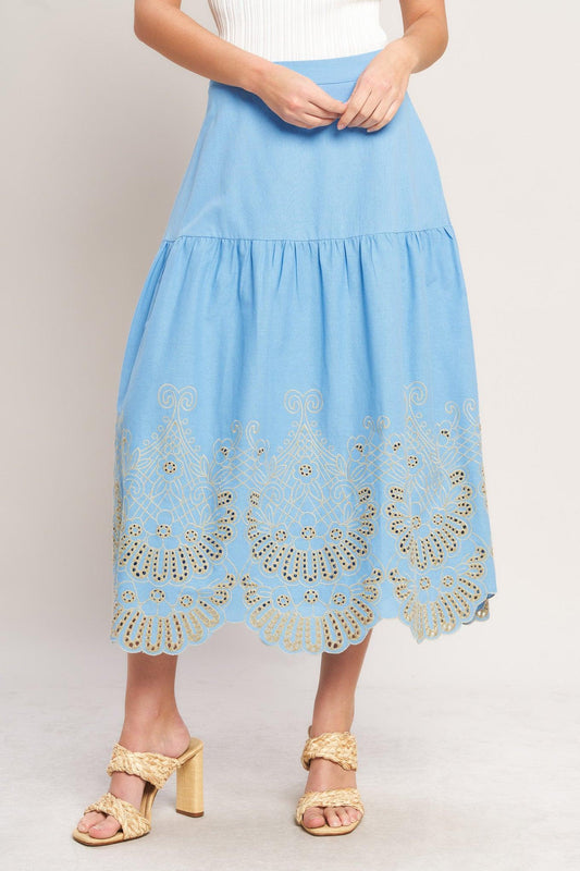 Sky Bloom Woven Eyelet Midi Skirt in sky blue, view 1 — Soul Flow Apparel
