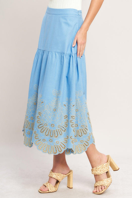 Sky Bloom Woven Eyelet Midi Skirt in sky blue, view 2 — Soul Flow Apparel