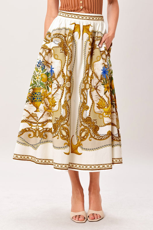Baroque Escape Woven Midi Skirt in ivory, view 2 — Soul Flow Apparel