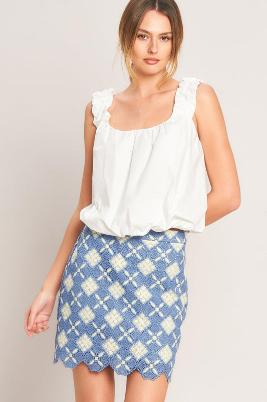 Coastal Woven Lace Mini Skirt in blue, view 1 — Soul Flow Apparel