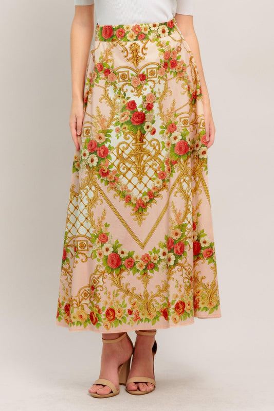 Palace Rose Statement Woven Circle Midi Skirt in pink, view 1 — Soul Flow Apparel