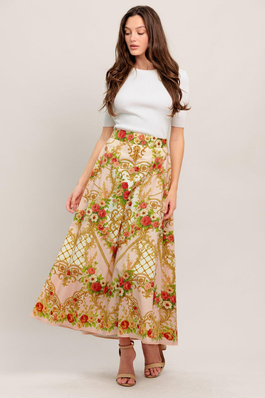 Palace Rose Statement Woven Circle Midi Skirt in pink, view 5 — Soul Flow Apparel