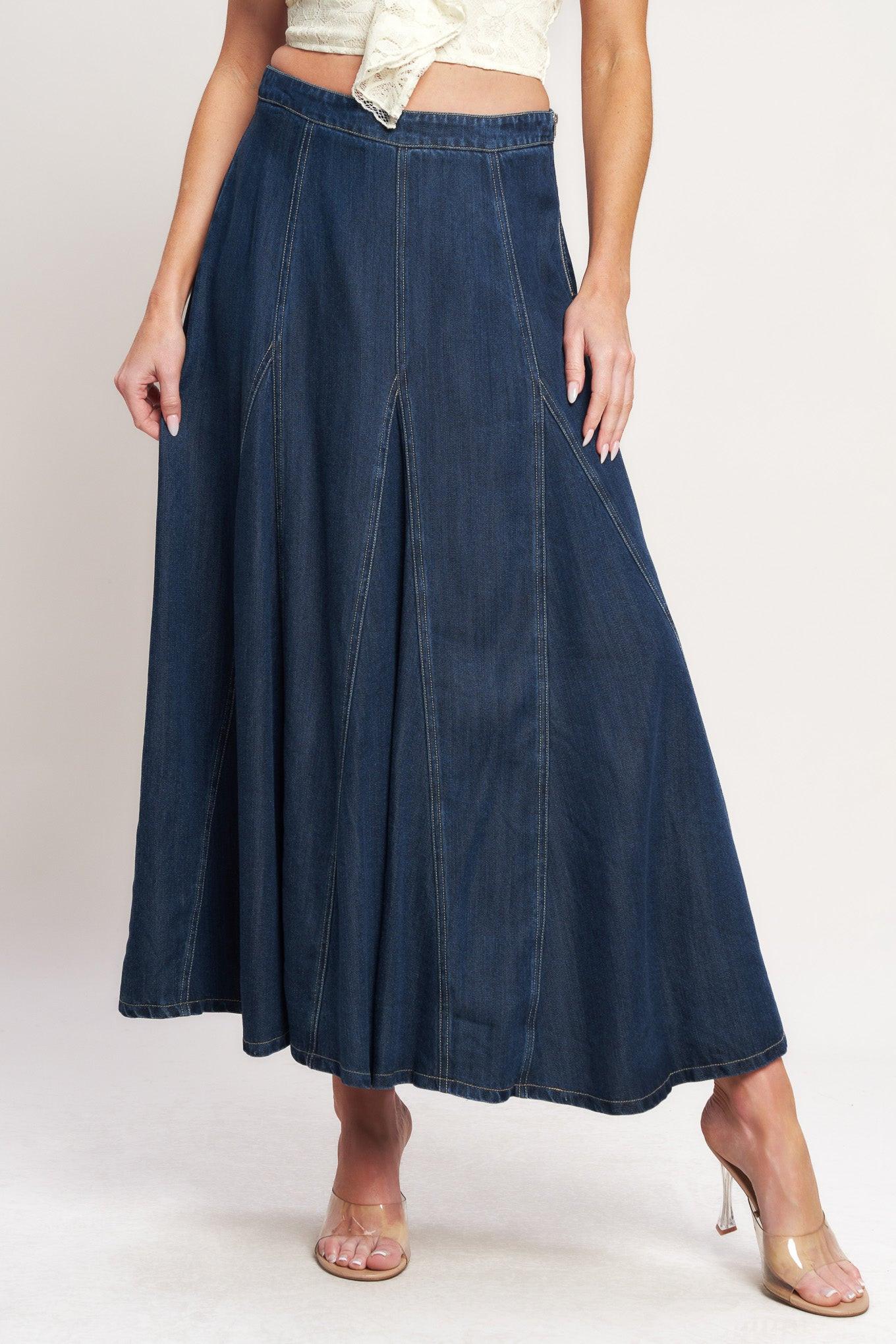 Denim Balance Woven Circle Skirt in medium indigo, view 6 — Soul Flow Apparel