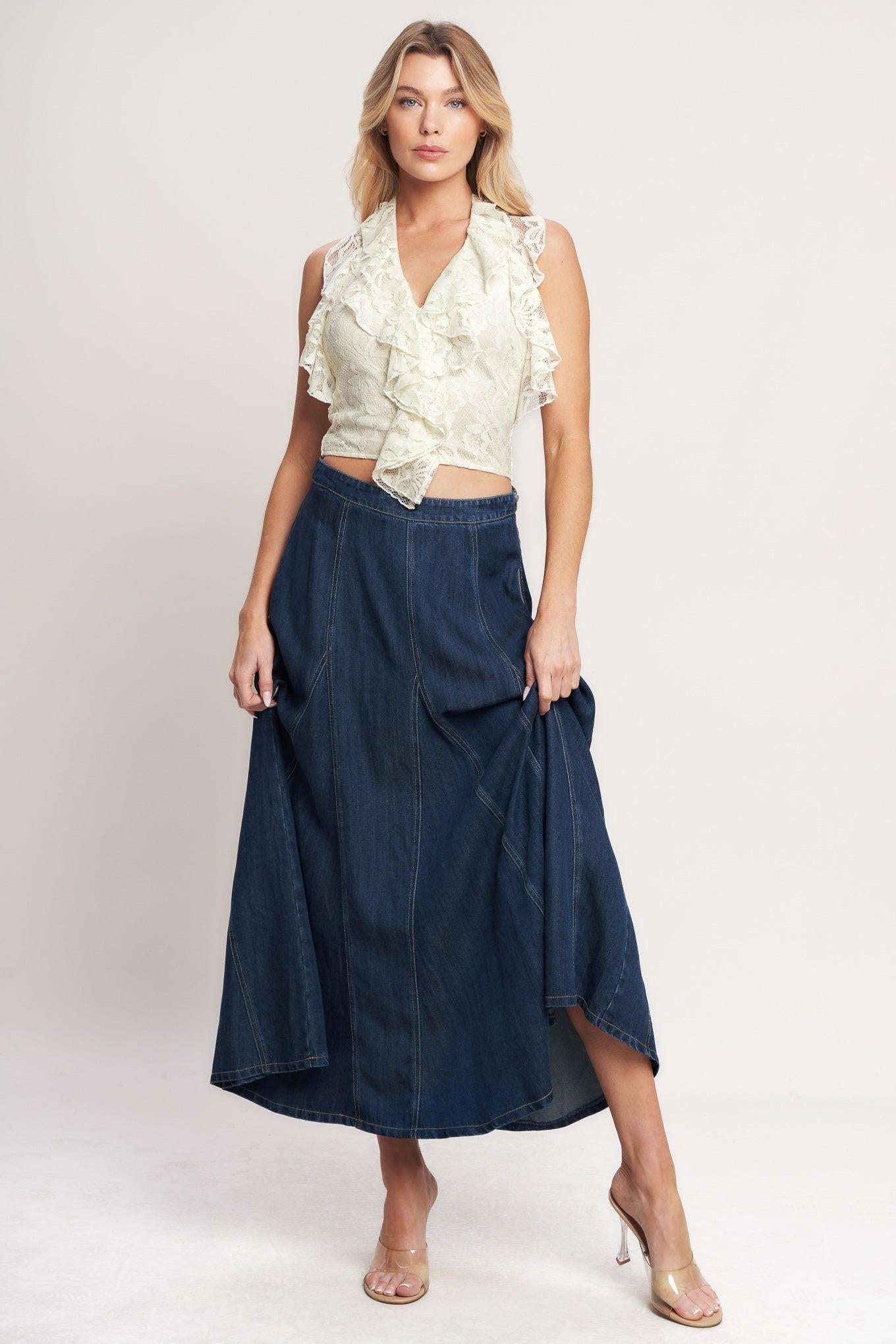Denim Balance Woven Circle Skirt in medium indigo, view 2 — Soul Flow Apparel
