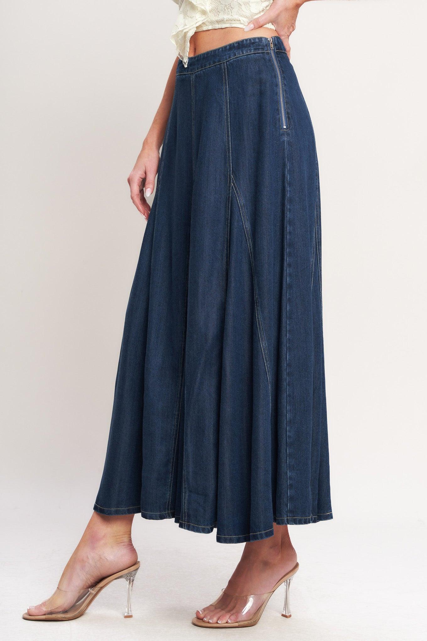 Denim Balance Woven Circle Skirt in medium indigo, view 3 — Soul Flow Apparel