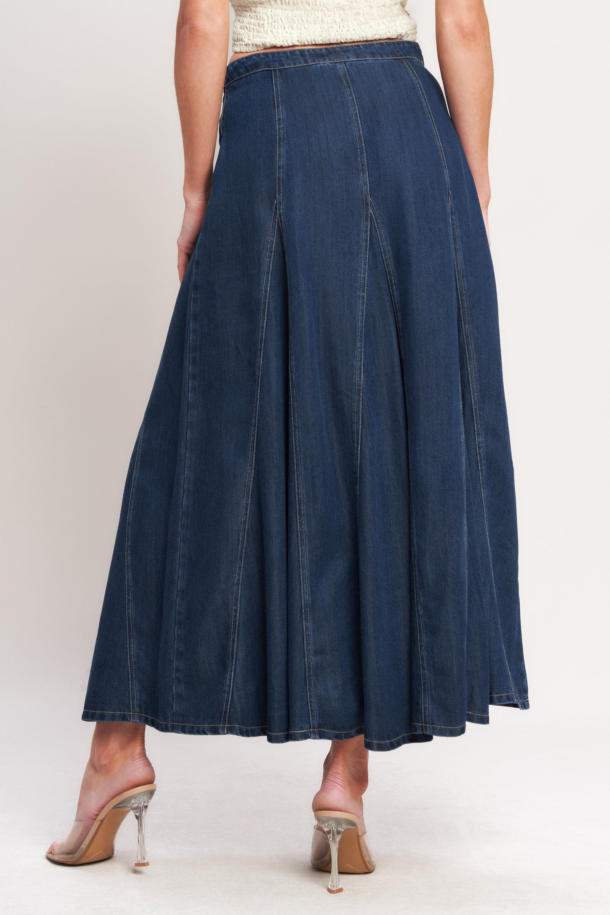 Denim Balance Woven Circle Skirt in medium indigo, view 7 — Soul Flow Apparel
