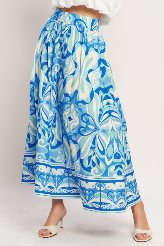 Ocean Whirl Woven Full Midi Skirt in blue, view 4 — Soul Flow Apparel