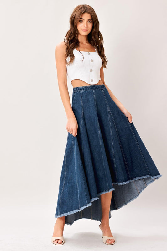 City Swing Denim Hi-Lo Midi Circle Skirt in medium indigo, view 1 — Soul Flow Apparel