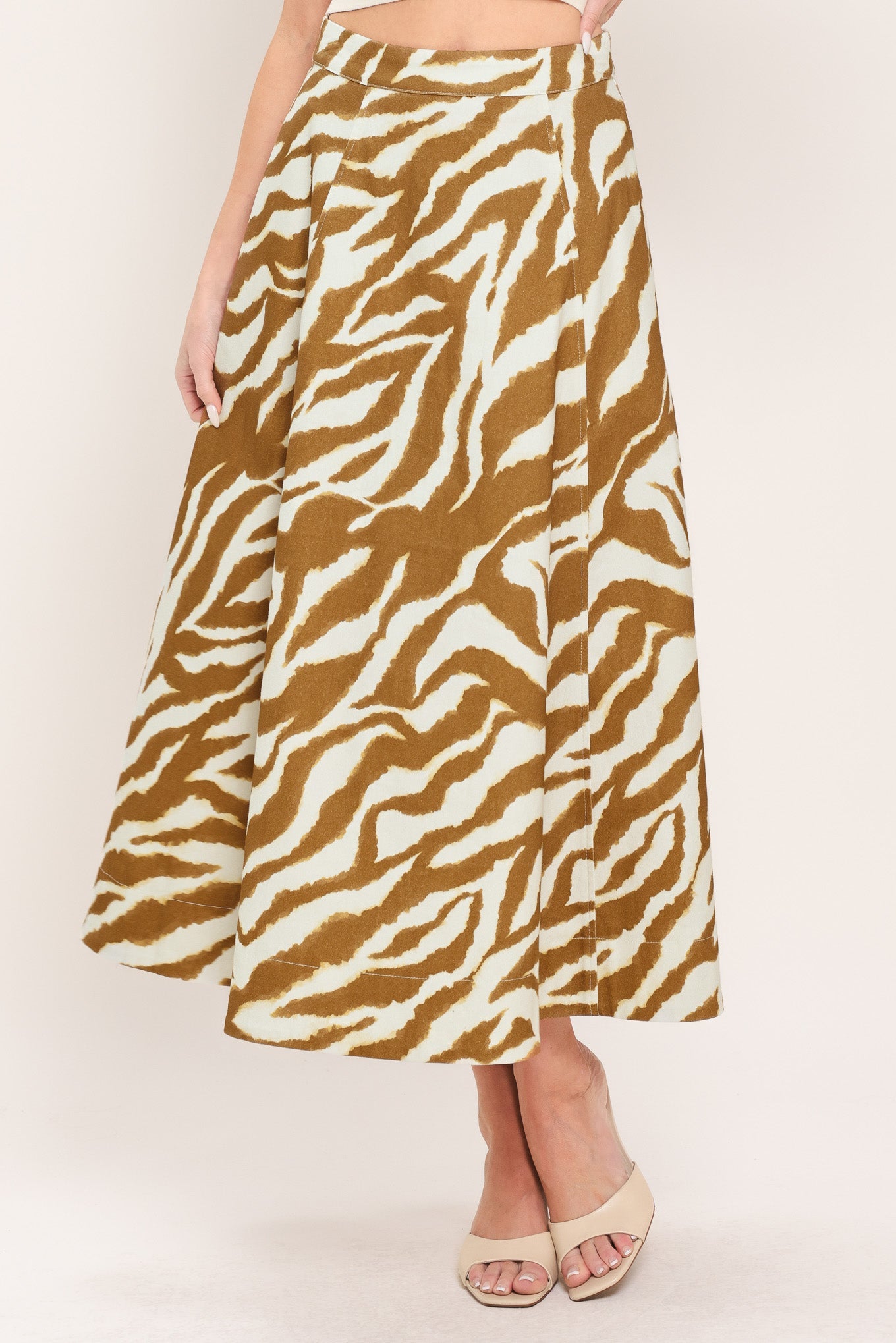Terra Stripe Woven Midi Skirt in ivory brown, view 1 — Soul Flow Apparel
